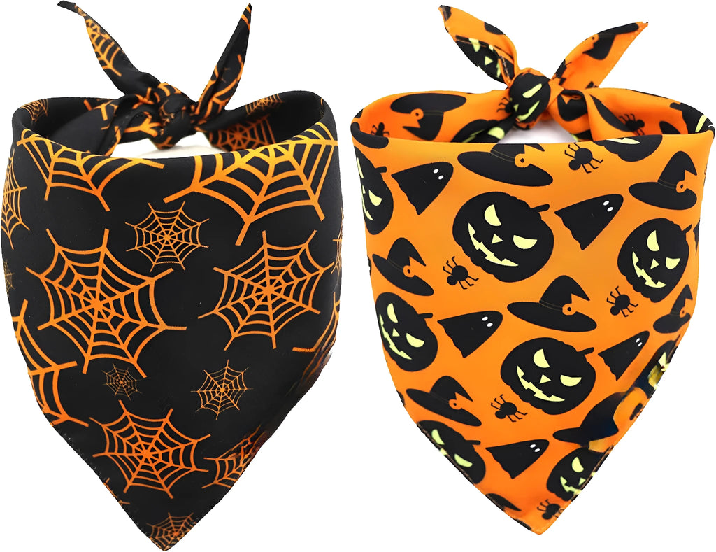 Halloween reversible dog bandana with pumpkin and spider web patterns in black and orange colours
