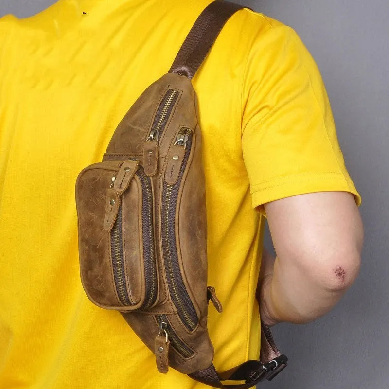 Retro leather shoulder messenger bag in dark crazy horse blue stroke showing large capacity and single strap design