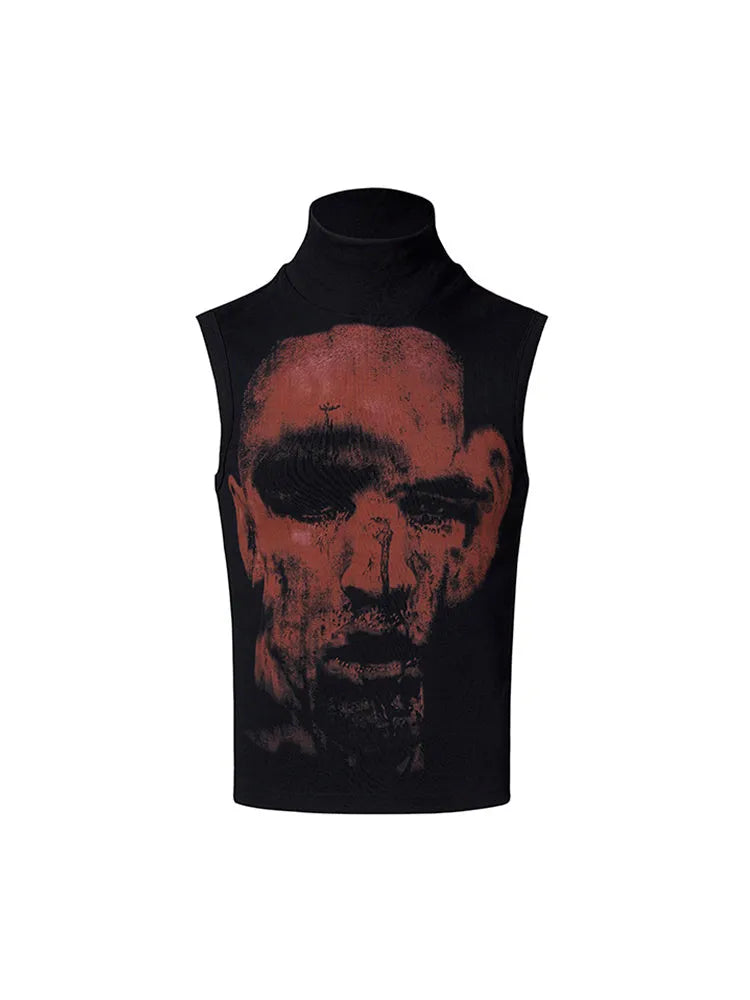 Black sleeveless t-shirt with half turtleneck collar and printed character pattern design