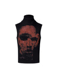 Black sleeveless t-shirt with half turtleneck collar and printed character pattern design