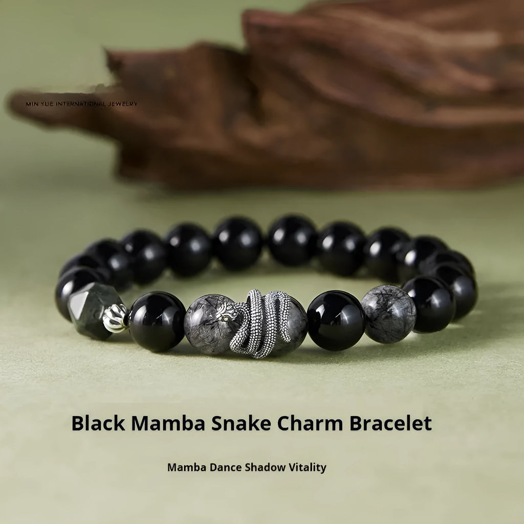Men's black snake bracelet in sterling silver with obsidian detailing showing 10mm diameter