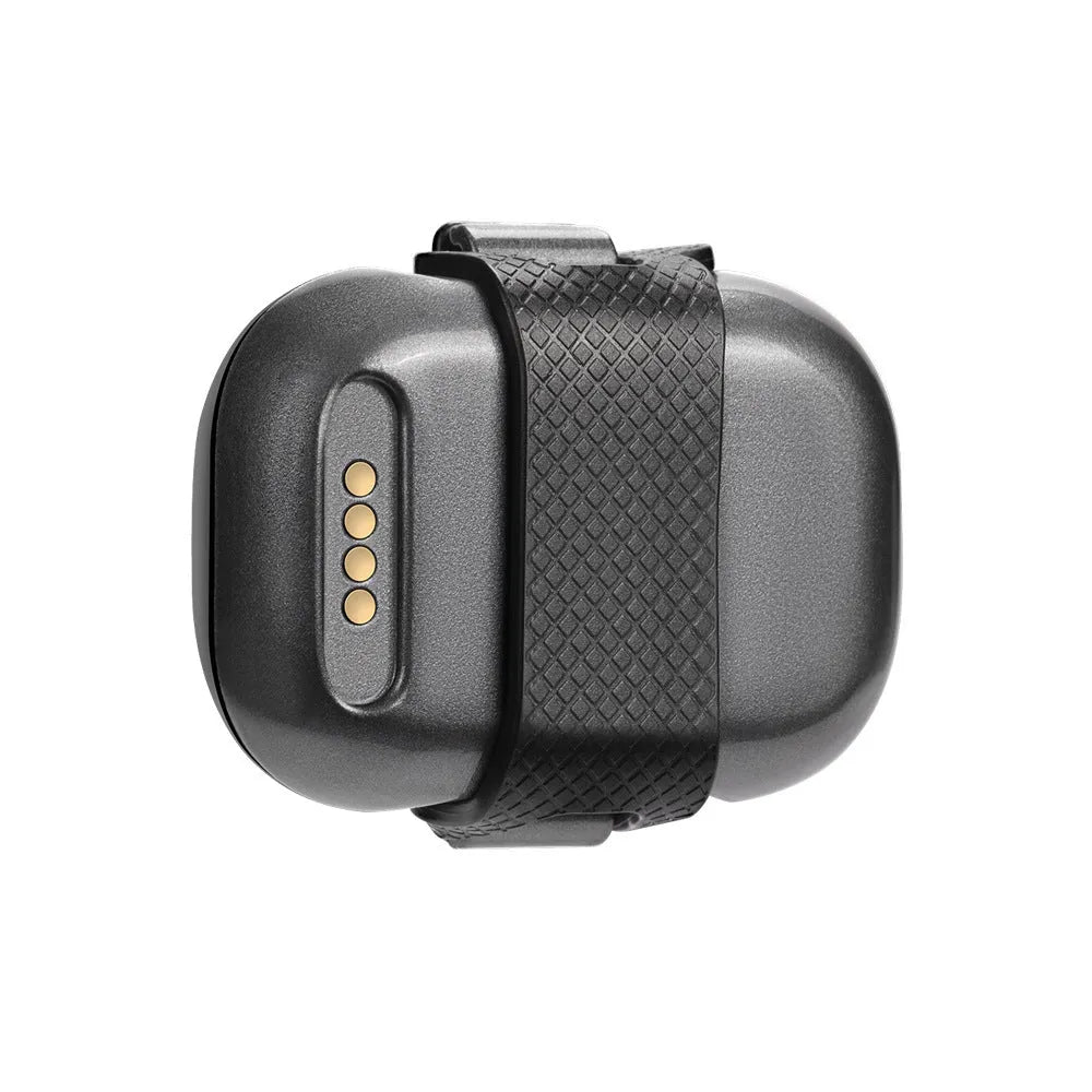 Black pet GPS locator tracker with hanging rope on a pet collar, showing compact design.