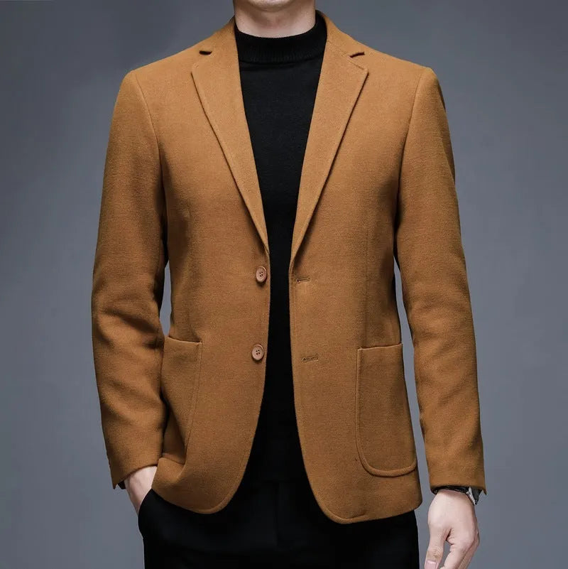 Men's solid colour loose-fit woolen winter jacket in gray, shown front-on.