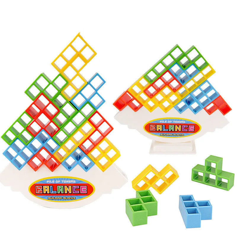 Plastic balance stacking board game with 16 colourful blocks on chassis and base