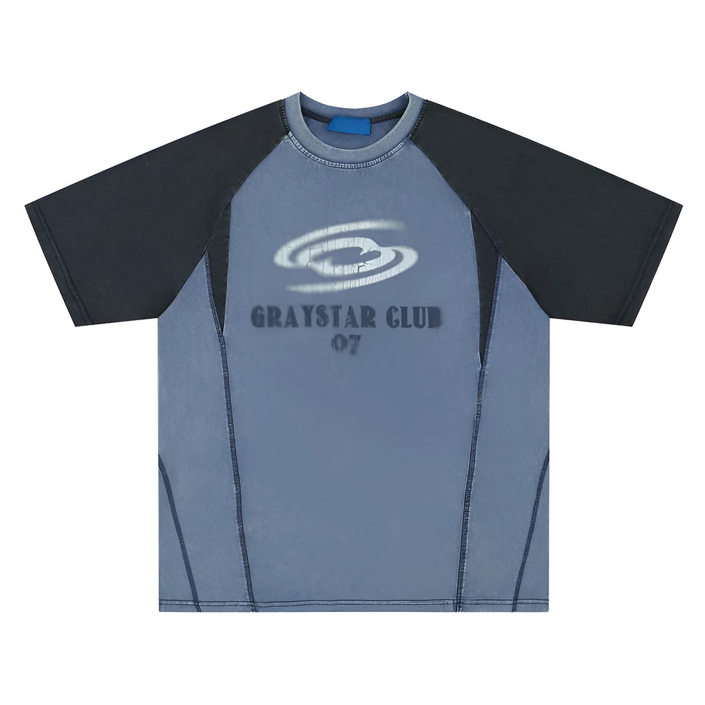 Blue men's hip hop letter print cotton t-shirt with raglan sleeves, laid flat.