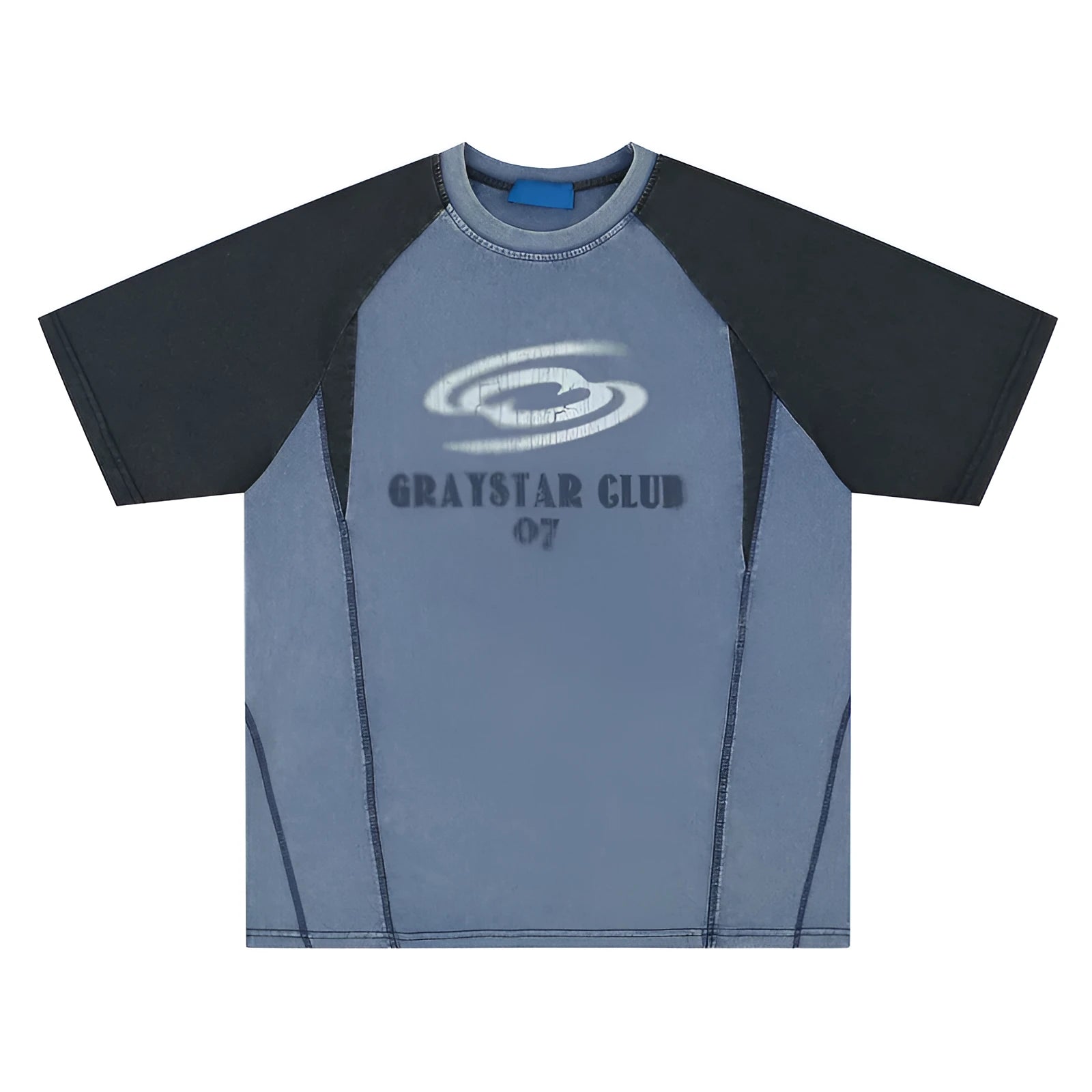 Blue men's hip hop letter print cotton t-shirt with raglan sleeves, laid flat.
