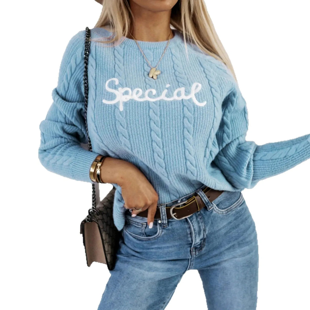Blue leisure pullover with embroidered letters on crew neck in street fashion style