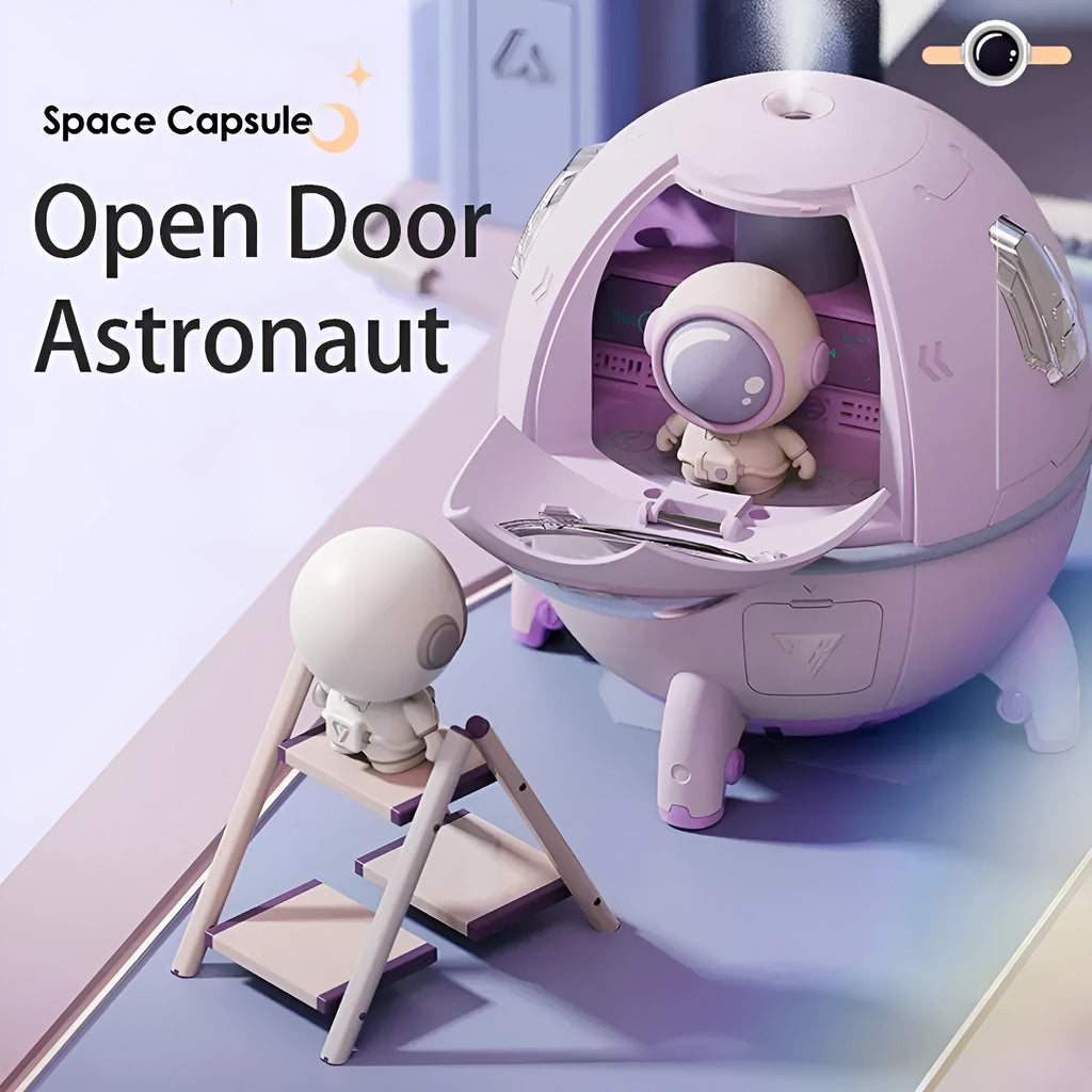 Light purple astronaut-shaped USB humidifier with 220ml tank and colourful LED light on desktop