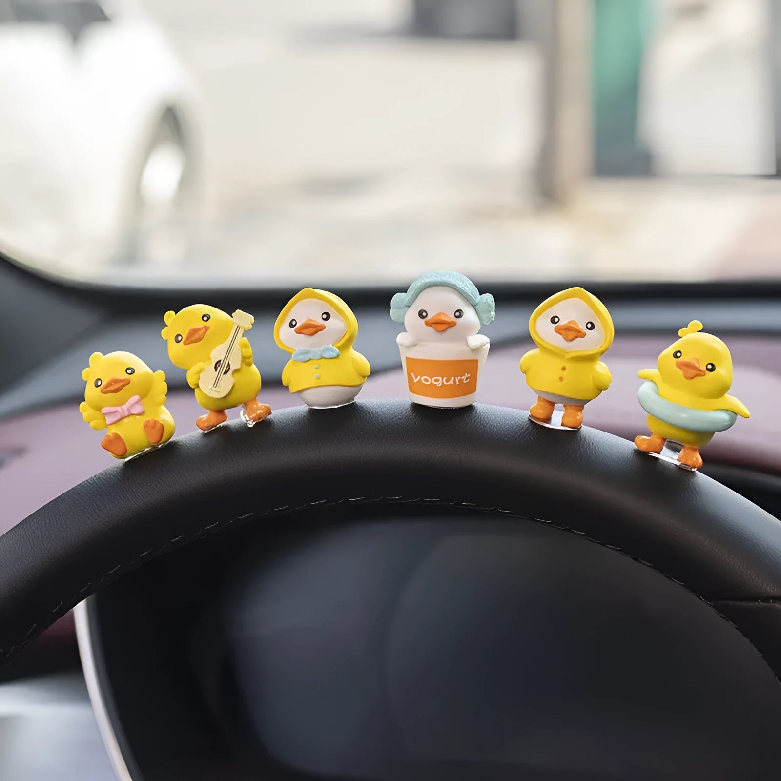 Six yellow PVC duckling ornaments and Hello sign for car dashboard decoration