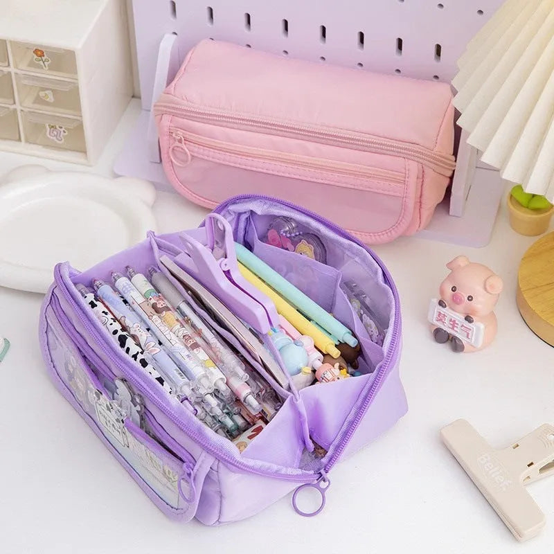 Korean-style canvas pencil case with ten-layer flip design in multiple colour options
