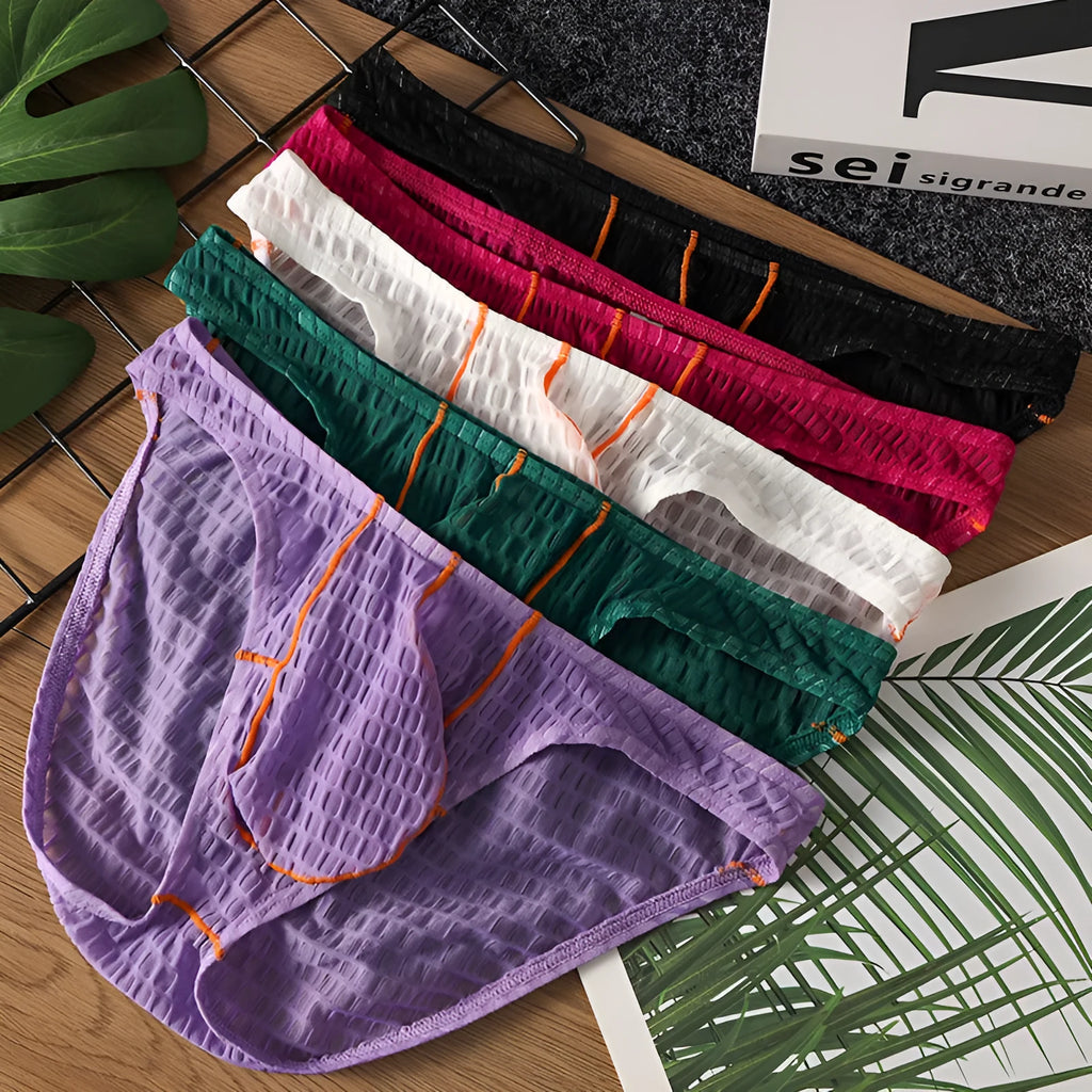 Men's low waist ice silk lace briefs in white, black, green, rose red, and light purple colours.