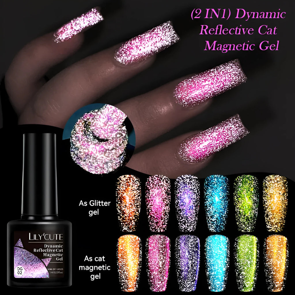 Cat eye series nail polish gel bottle showing diamond glitter fragments in one of six available colour options