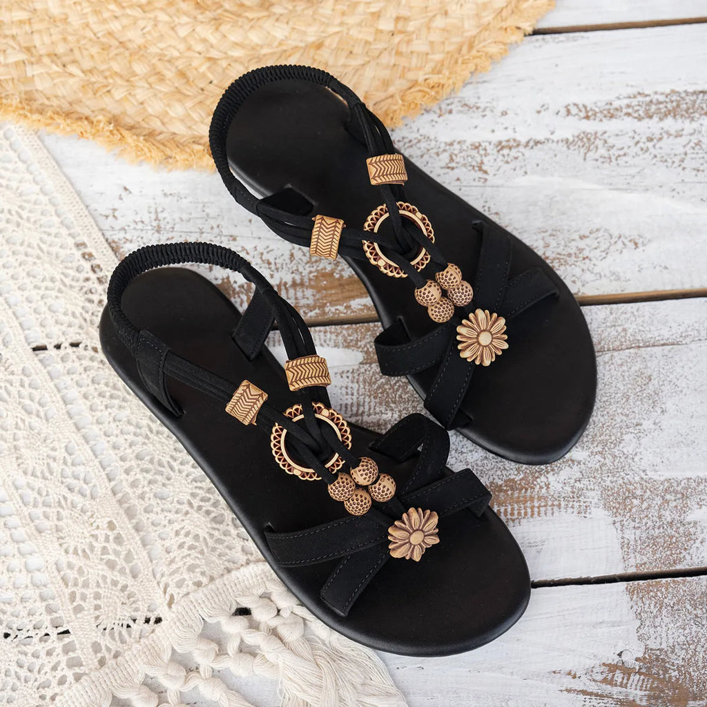 Black women's ethnic beaded weave open toe beach sandals with elastic band and decorative rhinestones