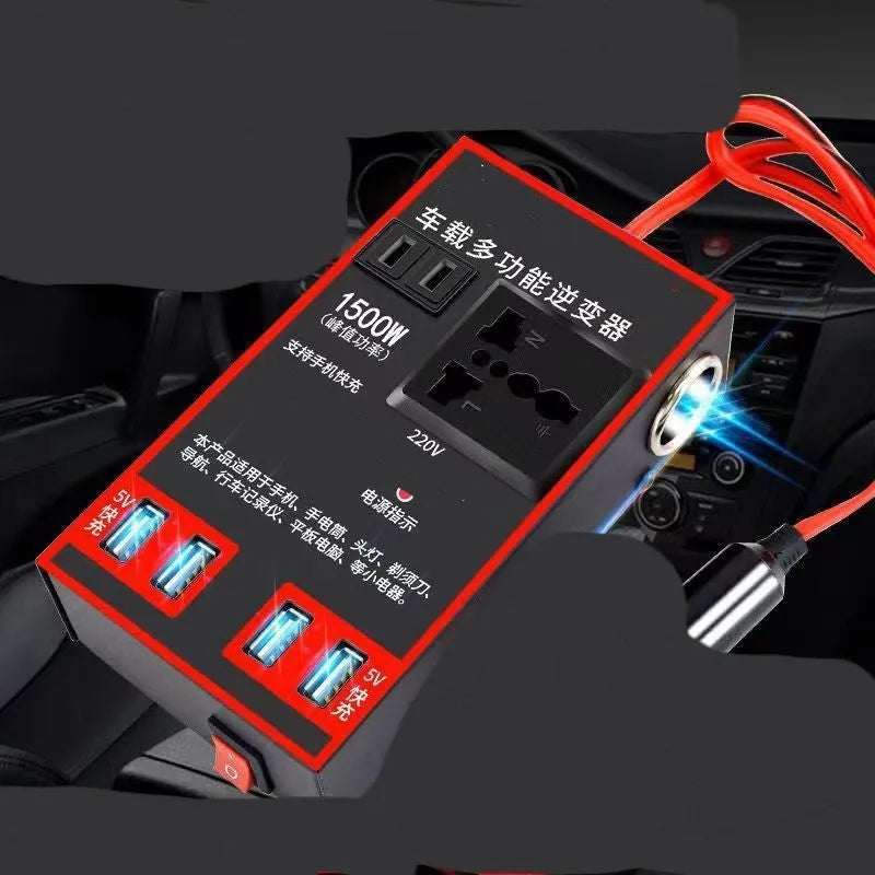 Black 12V/24V to 220V car power converter with AC socket and four USB charging ports