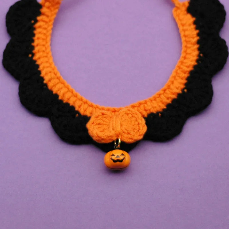Hand-crocheted wool pet collar with pumpkin design in adjustable sizes for Halloween costumes