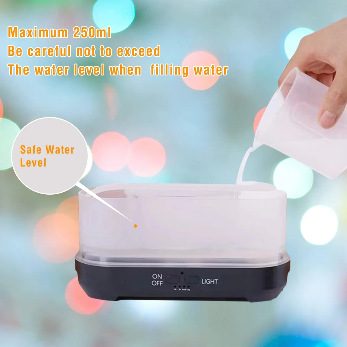 Square snowflake wood grain aromatherapy diffuser showing colourful flame effect mist and remote control on a desktop.