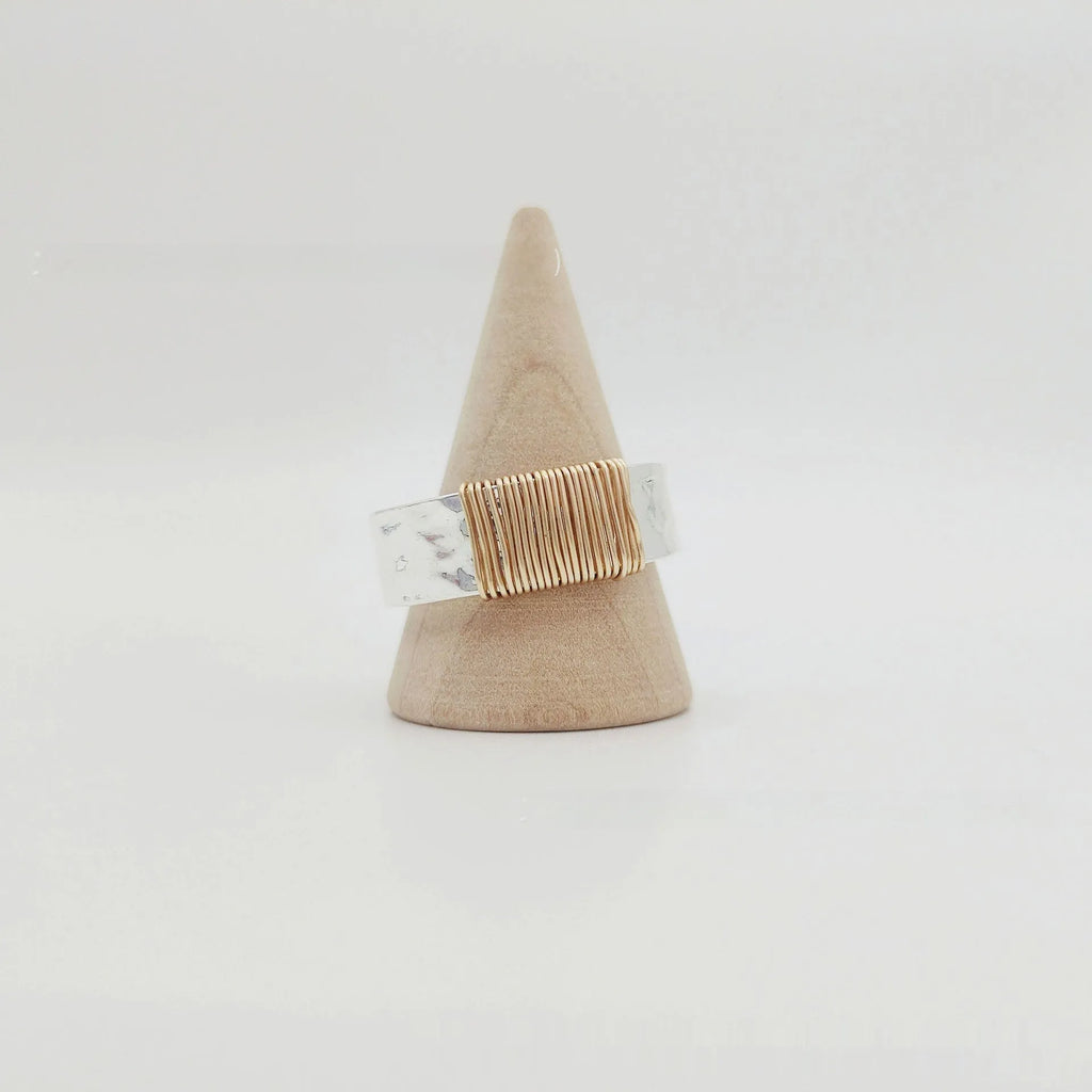 Copper bracelet ring with irregular coil design and electroplated silver-gold finish