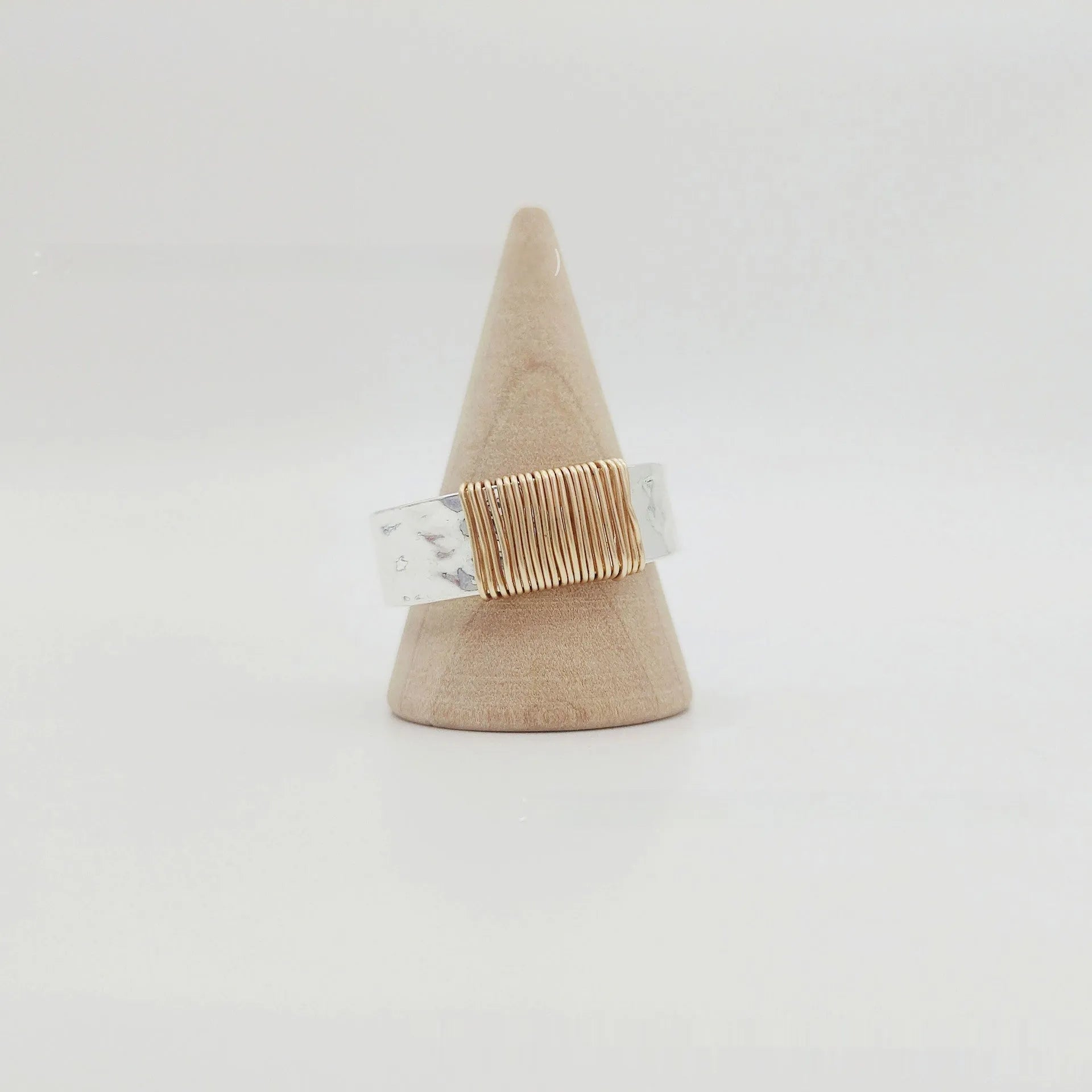 Copper bracelet ring with irregular coil design and electroplated silver-gold finish