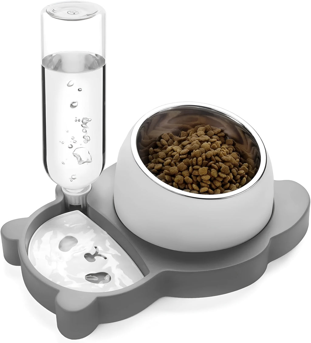 Grey panda-shaped tilted pet feeder with automatic water bottle for cats and small dogs