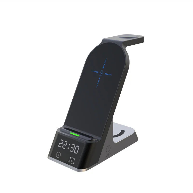 Black multifunctional wireless charging alarm clock with phone, watch, and earphone charging pads