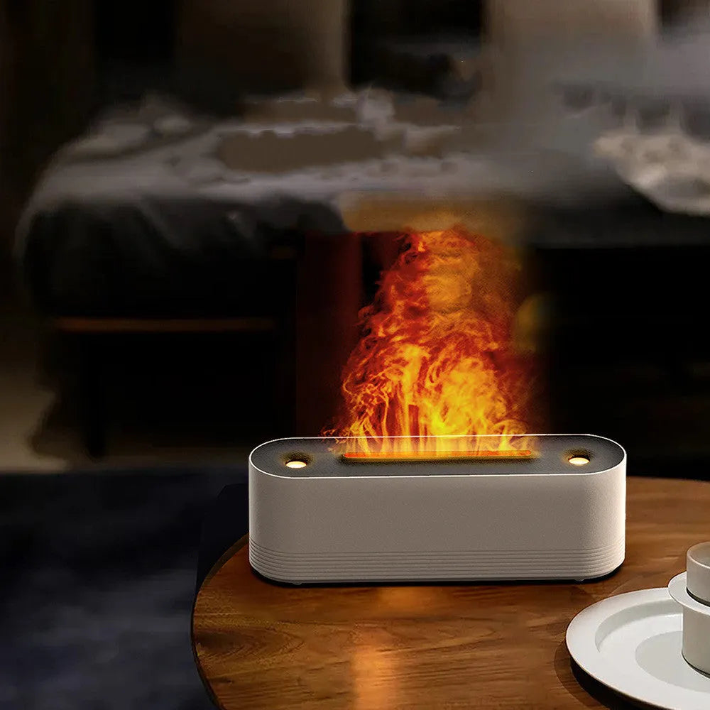 Black ultrasonic aroma diffuser with LED flame light effect emitting cool mist