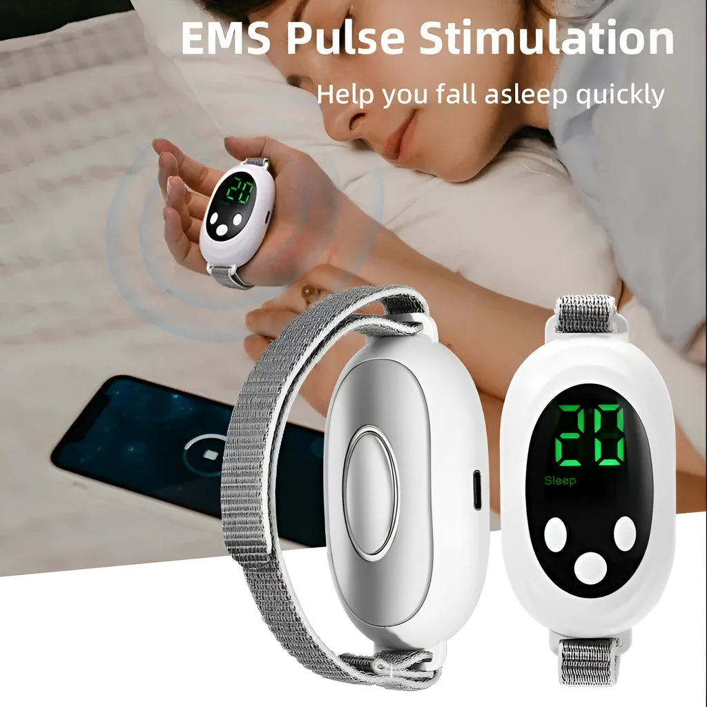 White handheld USB-powered sleep aid instrument with remote control and adjustable intensity settings.