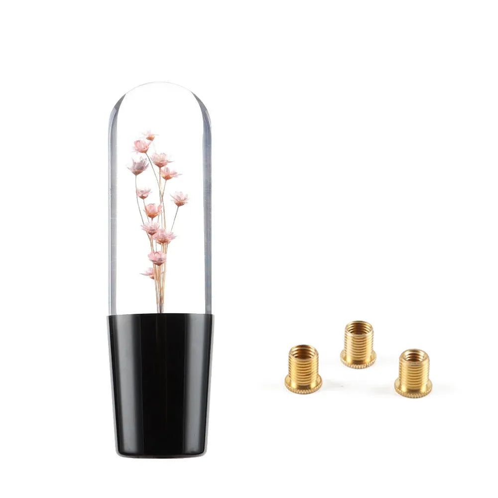 15cm transparent crystal car gear head with water flower design, shown with three metal adapters.