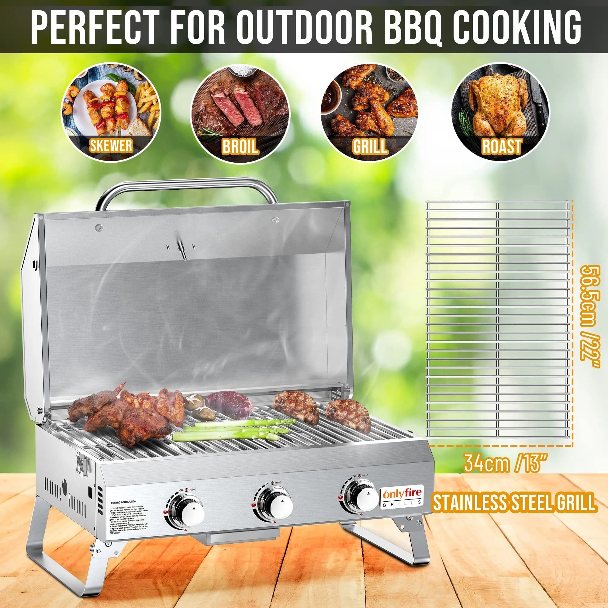 Silver desktop gas barbecue grill with three burners and foldable legs