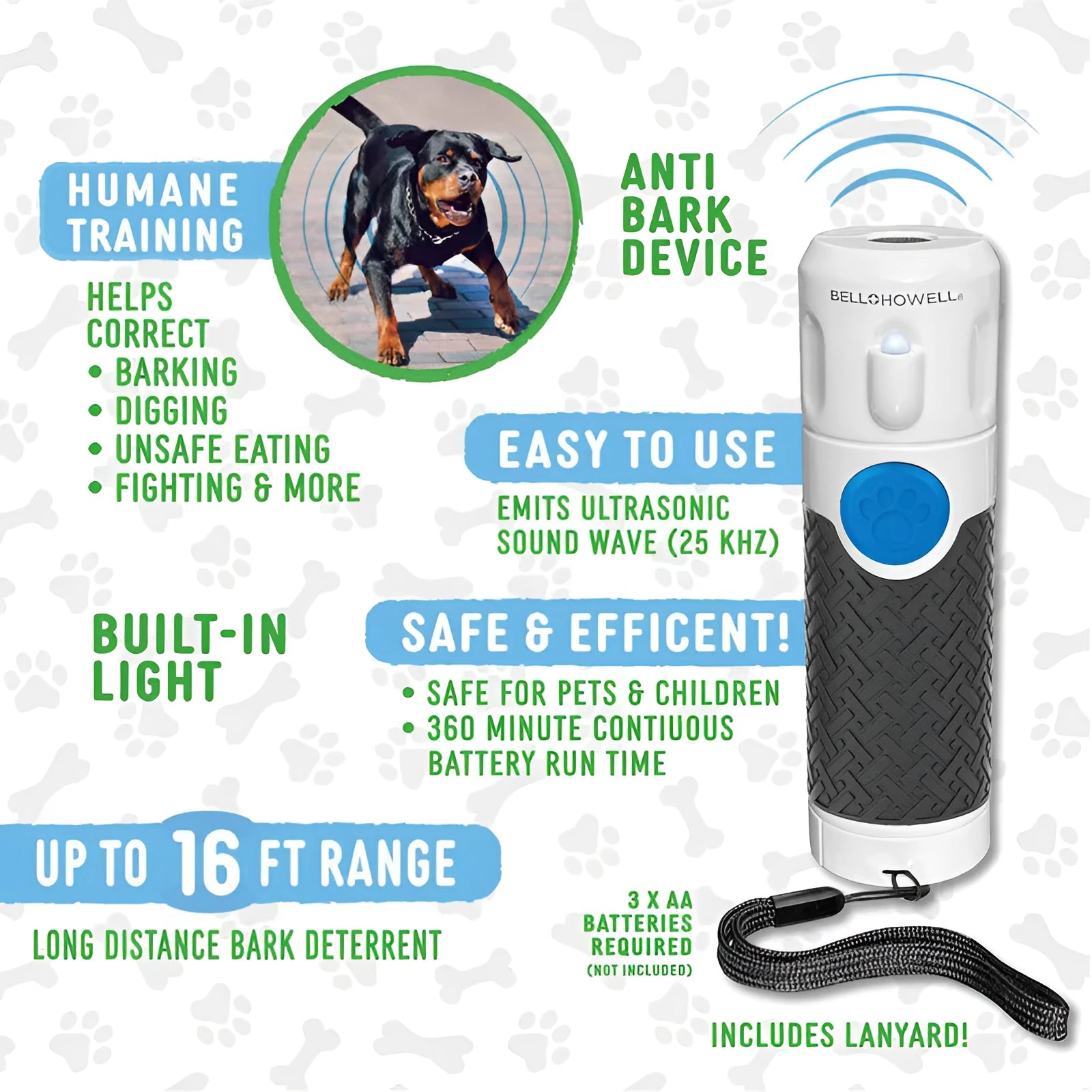 White ultrasonic handheld dog trainer for bark control with ABS plastic construction