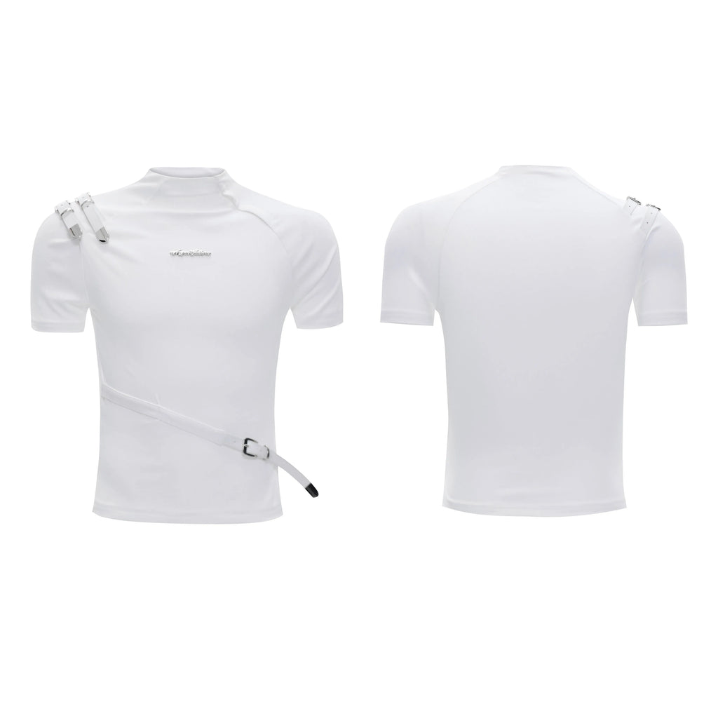 Men's cotton short sleeve T-shirt with metal belt detail and stand-up collar in black or white loose fit