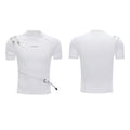 Men's cotton short sleeve T-shirt with metal belt detail and stand-up collar in black or white loose fit