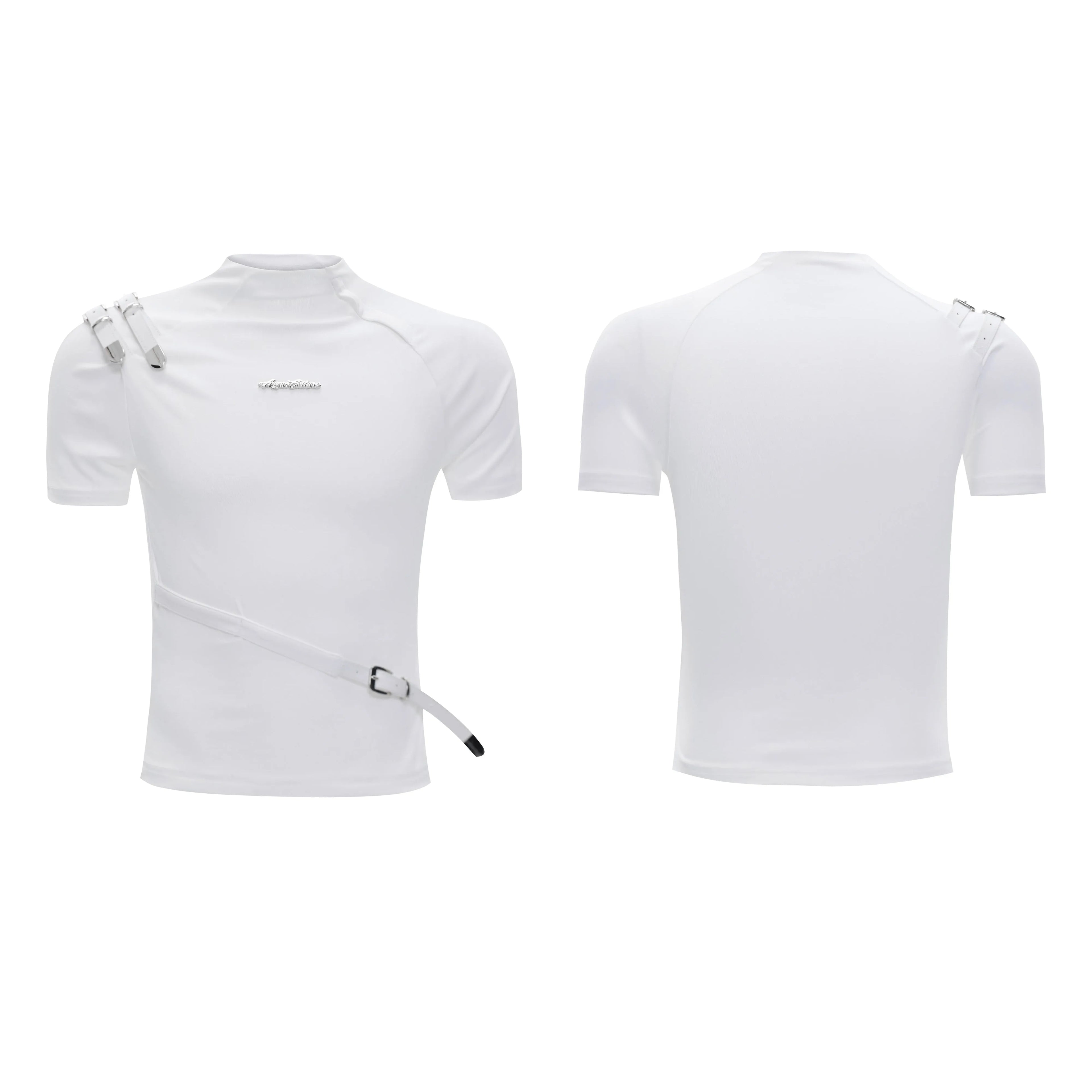 Men's cotton short sleeve T-shirt with metal belt detail and stand-up collar in black or white loose fit