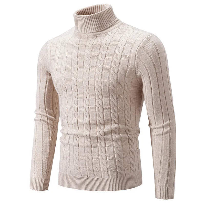 Men's slim fit twist turtleneck pullover sweater in Chenille fabric shown in neutral colour options