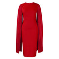 Pleated shawl style evening gown with round neck and long sleeves in formal setting
