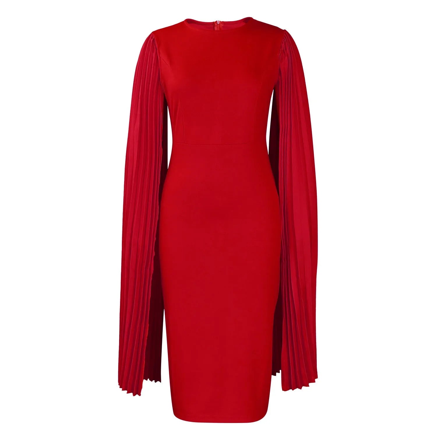 Pleated shawl style evening gown with round neck and long sleeves in formal setting