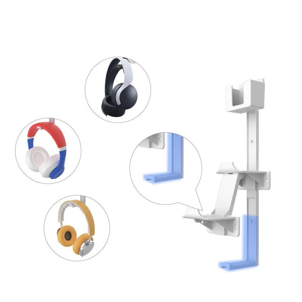 White wall-mounted hook holding a game controller with black console compatibility labels