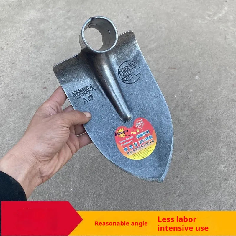 Agricultural flat hoe with a pointed manganese steel tip and stainless steel construction for weeding and ploughing.