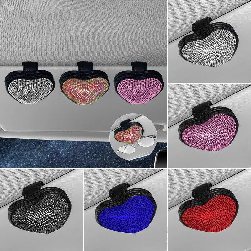PU leather car sun visor clip with diamond accents and magnetic closure measuring 8.0cm by 7.3cm