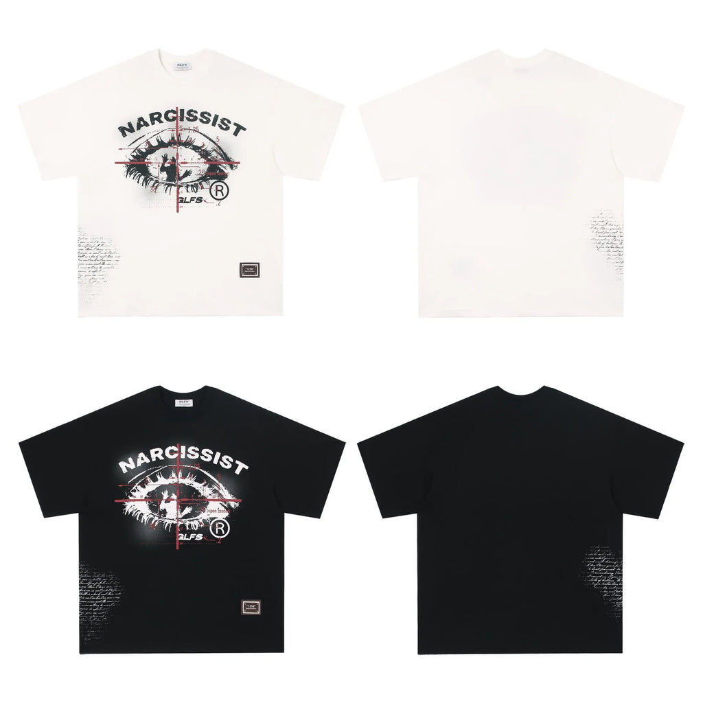 Retro hip hop T-shirt with graphic letter patterns in black and white colours