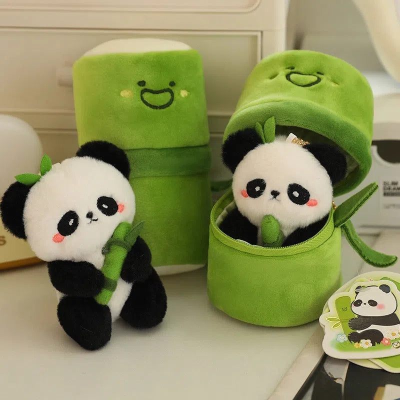 Bamboo panda plush pendant 10cm and larger 25cm flower panda and 30cm hugging panda in green