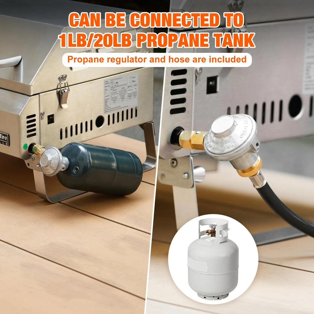 Silver desktop gas barbecue grill with three burners and foldable legs