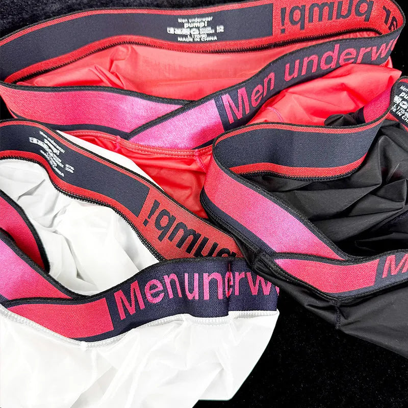 Men's low waist nylon underwear with gradient laser print in black, red, or white.