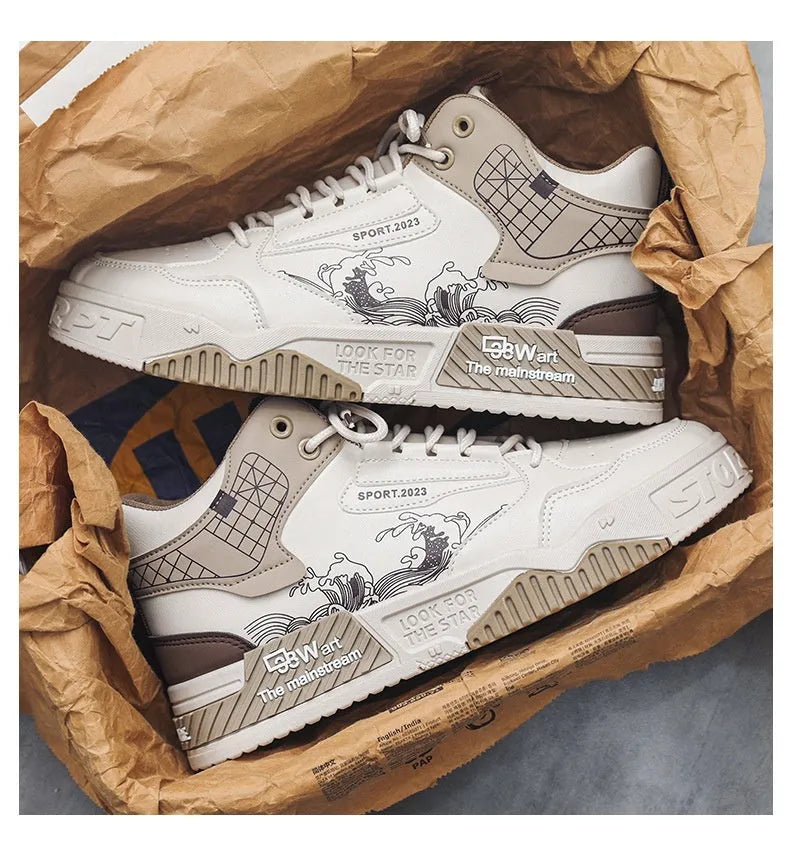 Men's high-top board shoes in beige white and blue with mesh lining and rubber sole