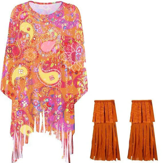 Tie dye cloak costume with sleeveless bell sleeves in vibrant spandex fabric for Halloween events