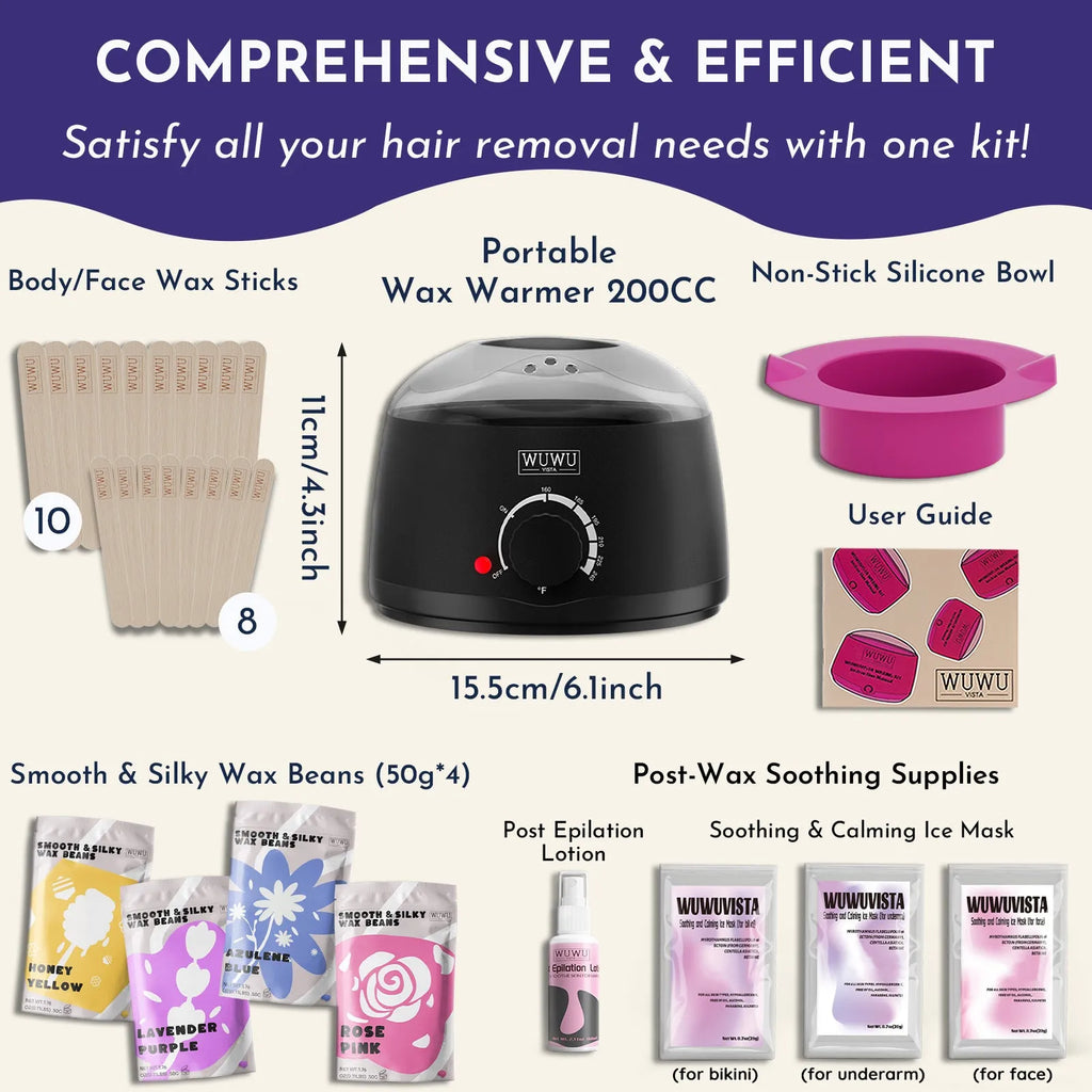 29-piece hard wax hair removal kit with black wax warmer, four coloured wax beads, wax sticks and aftercare products