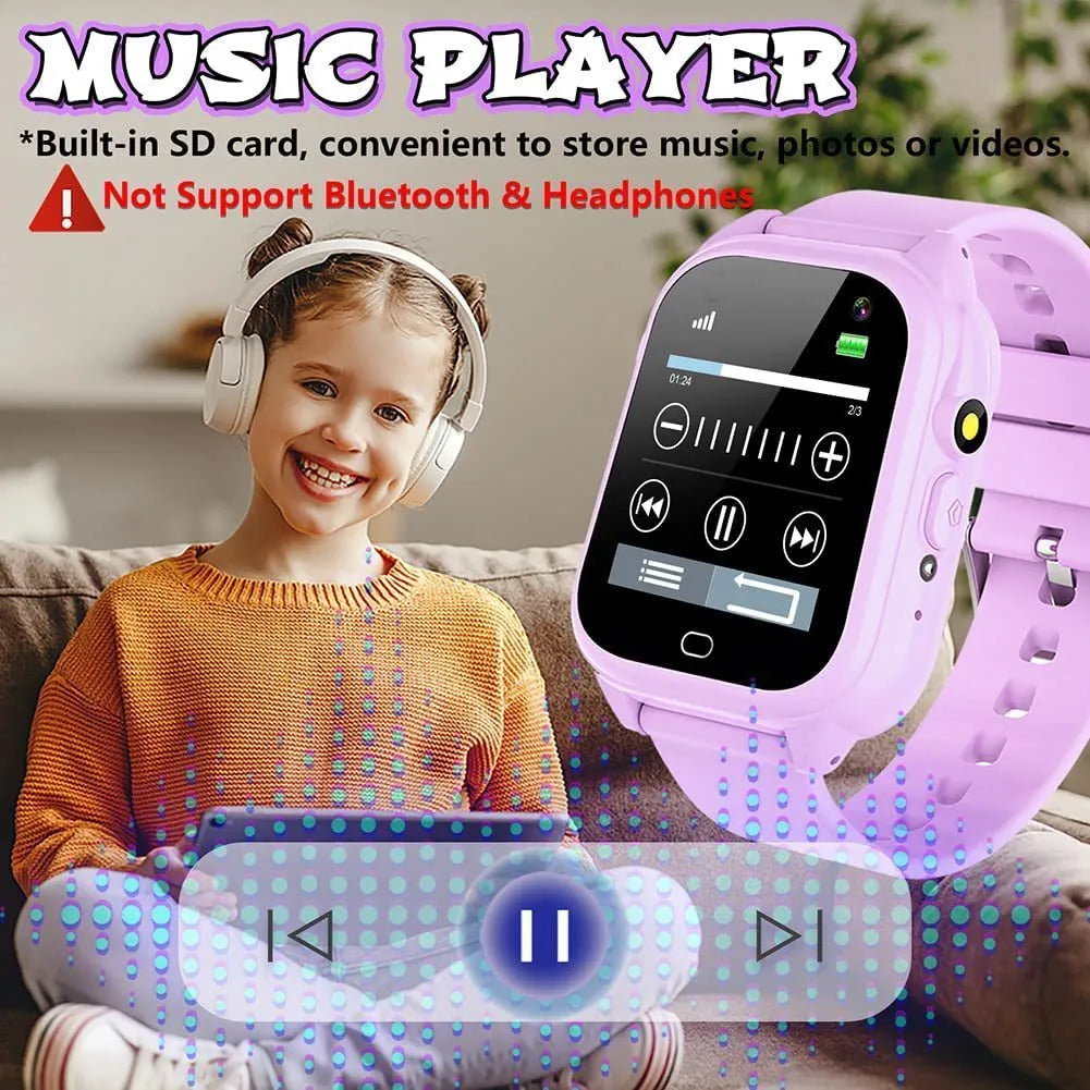 Children's waterproof smart watch with 1.4 inch screen, plastic body, USB charging, in black, pink, blue or purple.