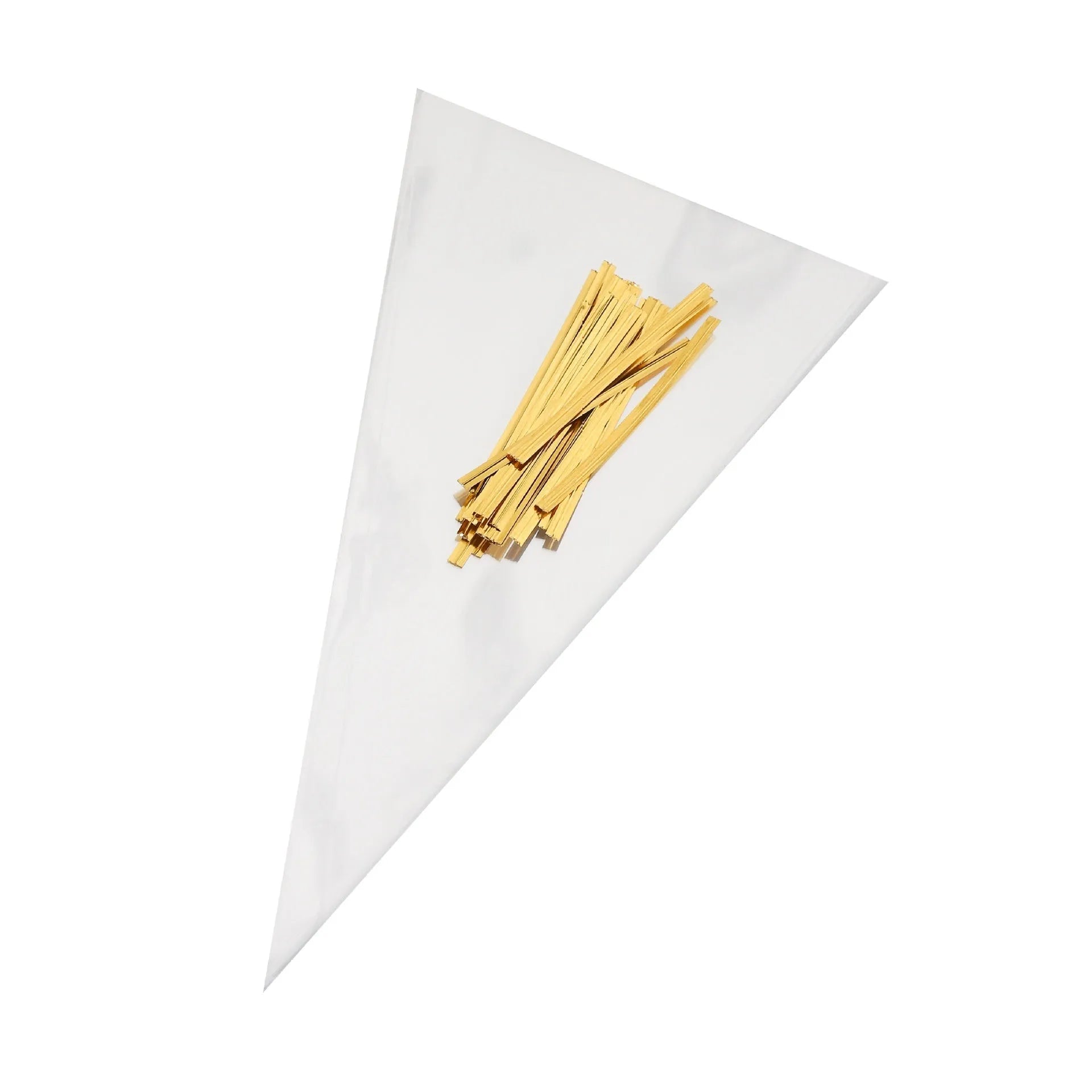 Transparent triangle-shaped plastic packaging bag with a twisted wire tie closure.