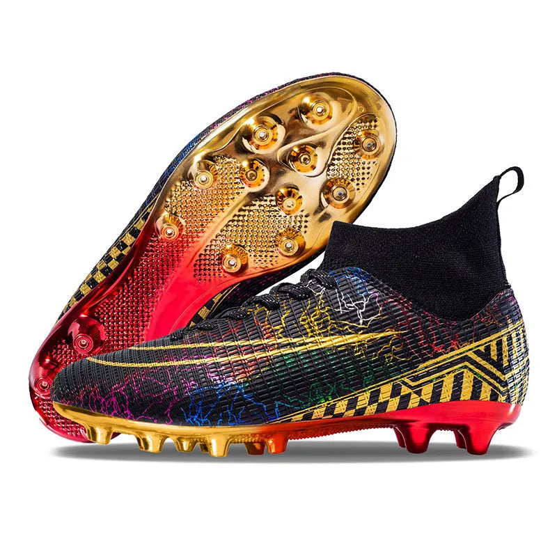 High-top soccer training shoes with gold plated bottom detail in synthetic leather and mesh construction