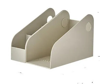 Desktop storage box with two grid compartments in plastic construction showing milk coffee and ivory white colour options
