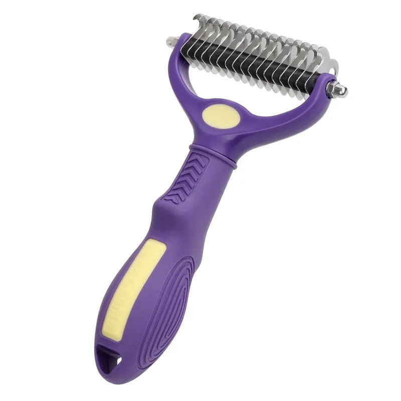 Purple double-sided plastic pet comb with ergonomic handle for removing tangles from cat and dog fur.